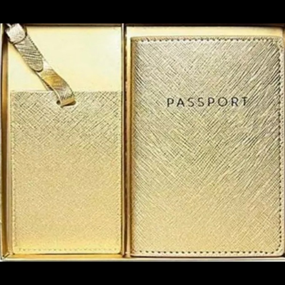 Eccolo World Traveler Faux Leather Passport Holder & Luggage Tag Set, Gold - Picture 2 of 2